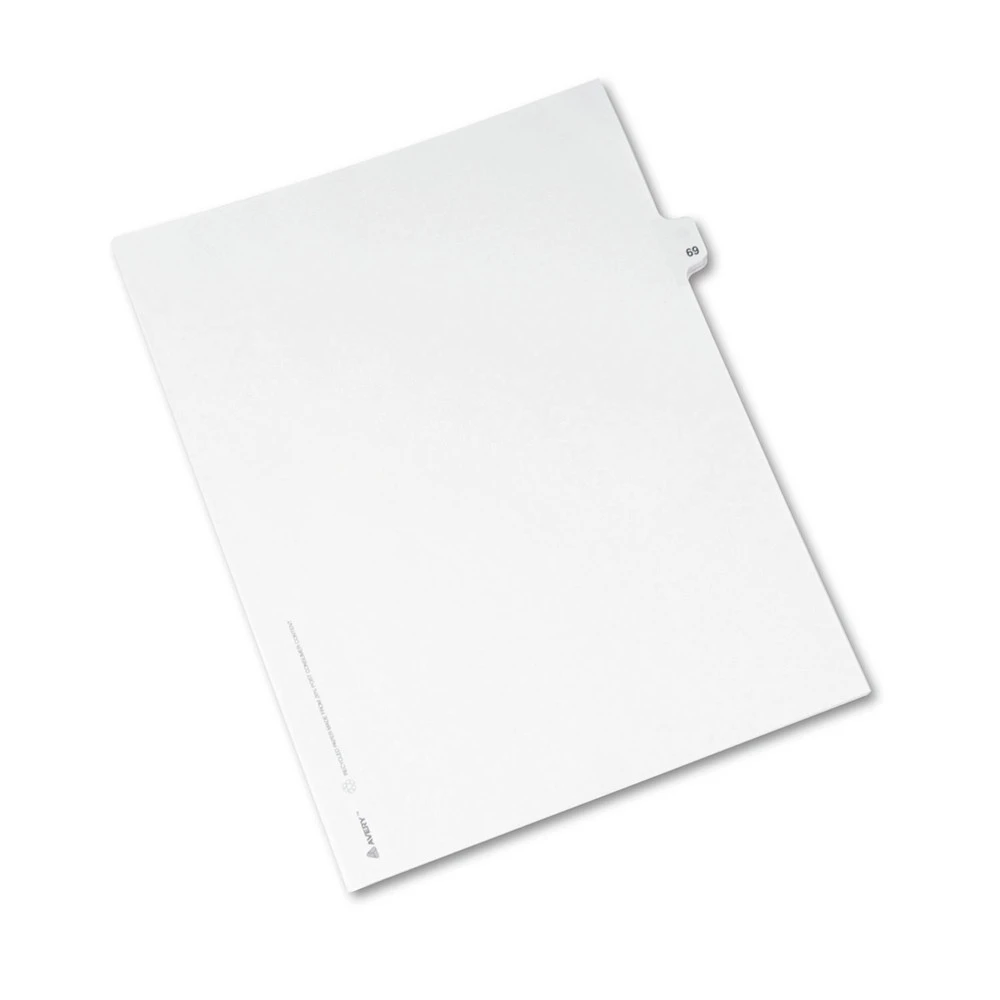 Avery 01069 11 In. X 8.5 In. 10 Tab Number 69 Legal Exhibit Side Tab Index Dividers - White (25-Piece/Pack) 1 Avery 01069 11 In. X 8.5 In. 10 Tab Number 69 Legal Exhibit Side Tab Index Dividers - White (25-Piece/Pack)