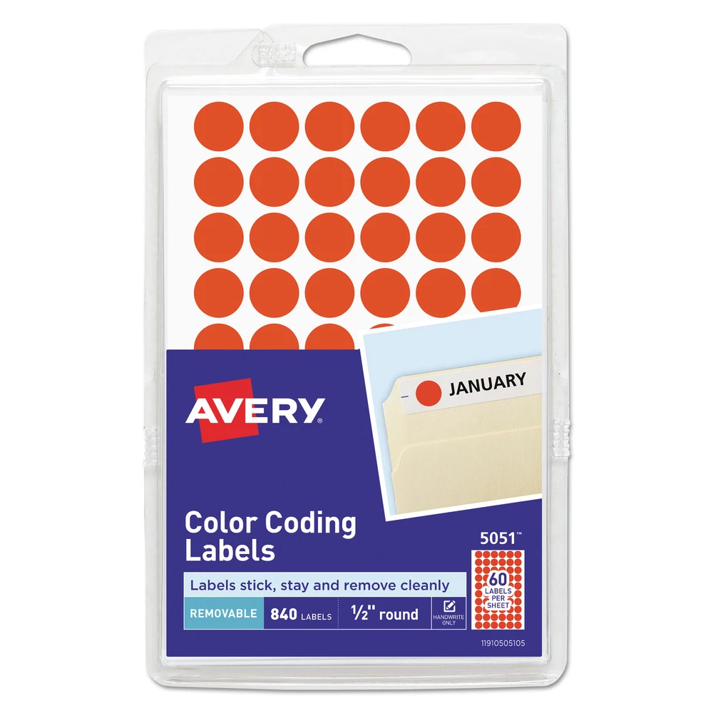 Avery 05051 0.5 In. Adhesive Color Coding Labels - Neon Red (60-Piece/Sheet, 14 Sheets/Pack) 1 Avery 05051 0.5 In. Adhesive Color Coding Labels - Neon Red (60-Piece/Sheet, 14 Sheets/Pack)