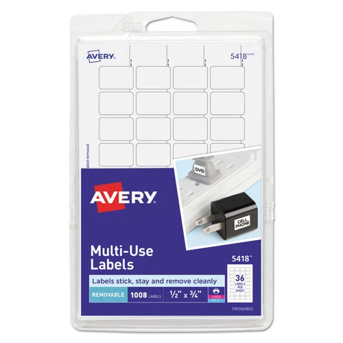 Avery 05418 0.5 In. X 0.75 In. Removable Multi-Use Labels For Inkjet/Laser Printers - White (36-Piece/Sheet 28-Sheets/Pack) 1 Avery 05418 0.5 In. X 0.75 In. Removable Multi-Use Labels For Inkjet/Laser Printers - White (36-Piece/Sheet 28-Sheets/Pack)