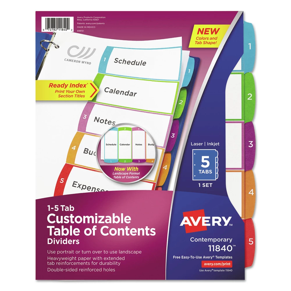 Avery 11840 1 - 5 Tab Customizable TOC Ready Index Divider Set - Multicolor (1 Set) 1 Avery 11840 1 - 5 Tab Customizable TOC Ready Index Divider Set - Multicolor (1 Set)
