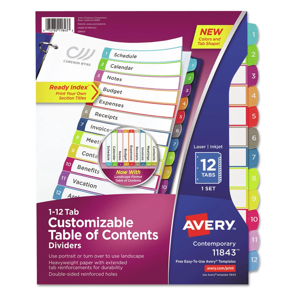 Avery 11843 1 - 12 Tab Customizable TOC Ready Index Divider Set - Multicolor (1 Set) 1 Avery 11843 1 - 12 Tab Customizable TOC Ready Index Divider Set - Multicolor (1 Set)