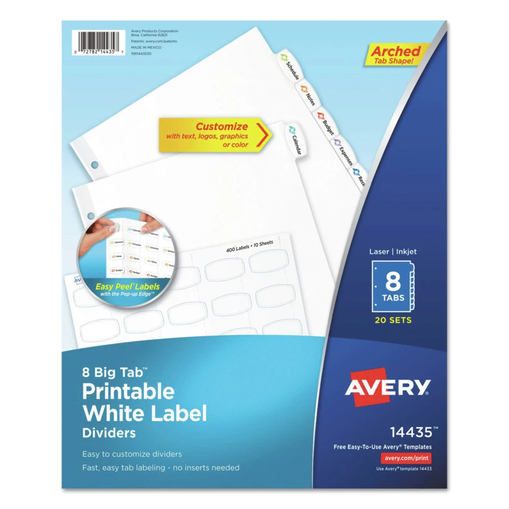 Avery 14435 Big Tab 8 Tab 8-1/2 In. X 11 In. Easy Peel Printable Label Dividers - White (20-Piece/Pack) 1 Avery 14435 Big Tab 8 Tab 8-1/2 In. X 11 In. Easy Peel Printable Label Dividers - White (20-Piece/Pack)