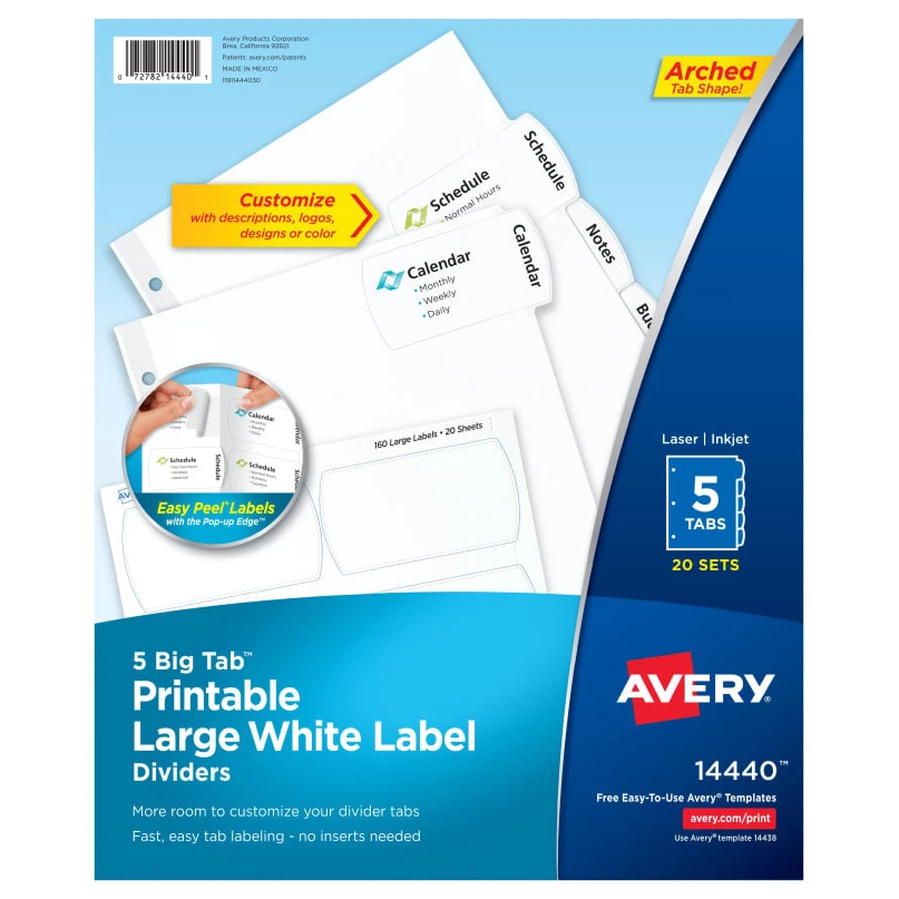 Avery 14440 5-Tab Big Tab Printable Easy Peel Large Label Dividers (20/Pack) 2 Avery 14440 5-Tab Big Tab Printable Easy Peel Large Label Dividers (20/Pack) - Image 2
