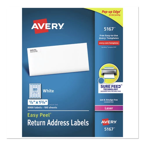 Avery 05167 0.5 In. X 1.75 In. Easy Peel Address Labels With Sure Feed Technology - White (100 Sheets/Box, 80/Sheet) 1 Avery 05167 0.5 In. X 1.75 In. Easy Peel Address Labels With Sure Feed Technology - White (100 Sheets/Box, 80/Sheet)