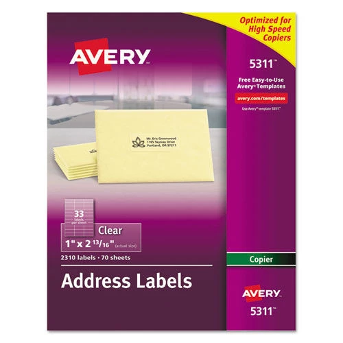 Avery 05311 1 In. X 2.81 In. Copier Mailing Labels - Clear (33-Piece/Sheet 70 Sheets/Pack) 1 Avery 05311 1 In. X 2.81 In. Copier Mailing Labels - Clear (33-Piece/Sheet 70 Sheets/Pack)