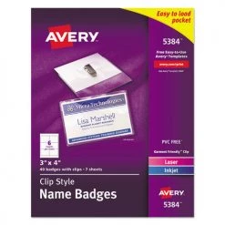 Avery 05384 4 In. X 3 In. Top Load Clip-Style Name Badge Holder With Laser/Inkjet Insert - White (40-Piece/Box)