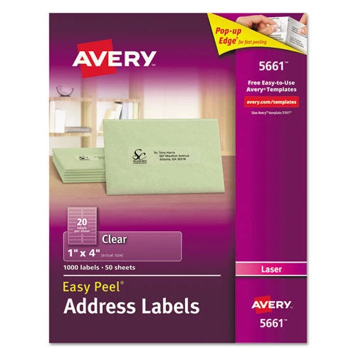 Avery 05661 Easy Peel 1 In. X 4 In. Mailing Labels With Sure Feed - Matte Clear (20-Piece/Sheet, 50 Sheets/Box) 1 Avery 05661 Easy Peel 1 In. X 4 In. Mailing Labels With Sure Feed - Matte Clear (20-Piece/Sheet, 50 Sheets/Box)