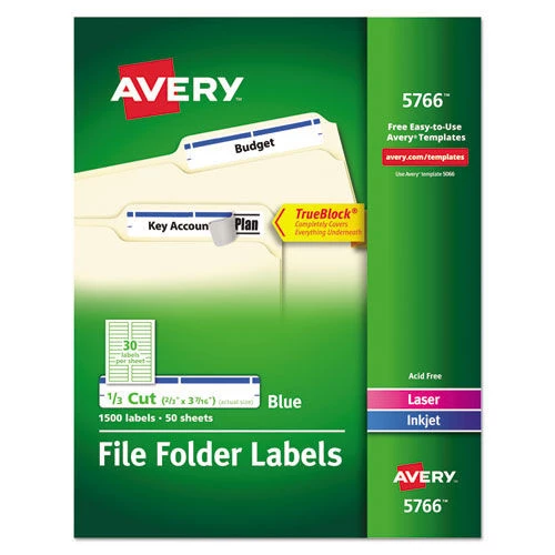 Avery 05766 TrueBlock 0.66 In. X 3.44 In. Permanent Adhesive File Folder Labels - White/Blue (30-Piece/Sheet, 50 Sheets/Box) 1 Avery 05766 TrueBlock 0.66 In. X 3.44 In. Permanent Adhesive File Folder Labels - White/Blue (30-Piece/Sheet, 50 Sheets/Box)