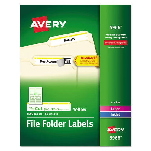 Avery 05966 TrueBlock 0.66 In. X 3.44 In. Permanent Adhesive File Folder Labels - White/Yellow (30-Piece/Sheet, 50 Sheets/Box) 1 Avery 05966 TrueBlock 0.66 In. X 3.44 In. Permanent Adhesive File Folder Labels - White/Yellow (30-Piece/Sheet, 50 Sheets/Box)