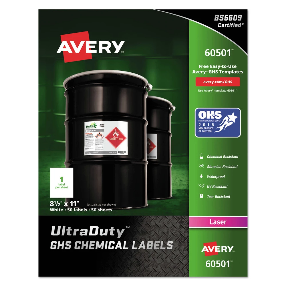 Avery 60501 UltraDuty 8.5 In. X 11 In. Chemical/Waterproof/UV Resistant Labels - White (50/Box) 1 Avery 60501 UltraDuty 8.5 In. X 11 In. Chemical/Waterproof/UV Resistant Labels - White (50/Box)