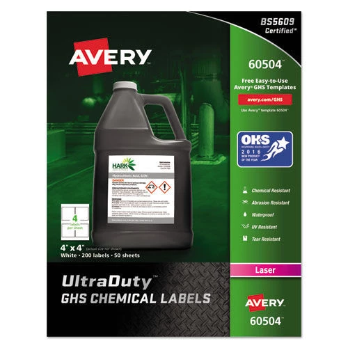 Avery 60504 UltraDuty GHS Chemical 4 In. X 4 In. Waterproof And UV Resistant Labels - White (50-Sheet/Box 4-Piece/Sheet) 1 Avery 60504 UltraDuty GHS Chemical 4 In. X 4 In. Waterproof And UV Resistant Labels - White (50-Sheet/Box 4-Piece/Sheet)