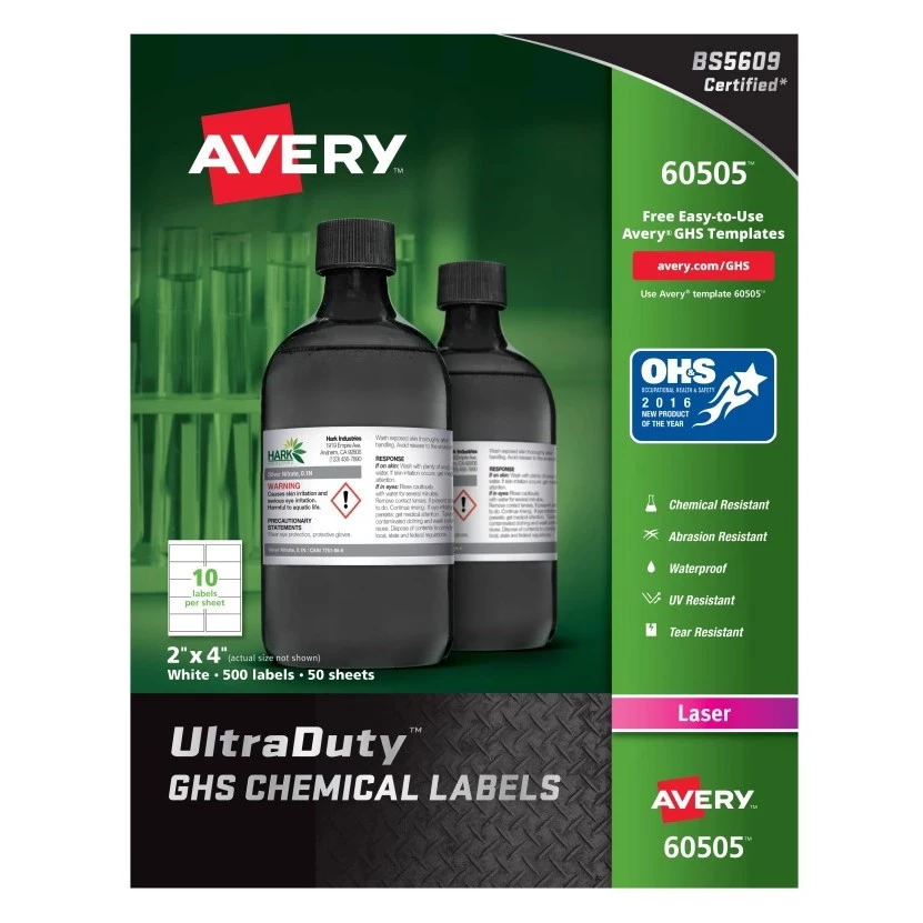 Avery 60505 2 In. X 4 In. UltraDuty GHS Chemical Waterproof And UV Resistant Labels - White (50 Sheets/Box, 10/Sheet) 1 Avery 60505 2 In. X 4 In. UltraDuty GHS Chemical Waterproof And UV Resistant Labels - White (50 Sheets/Box, 10/Sheet)