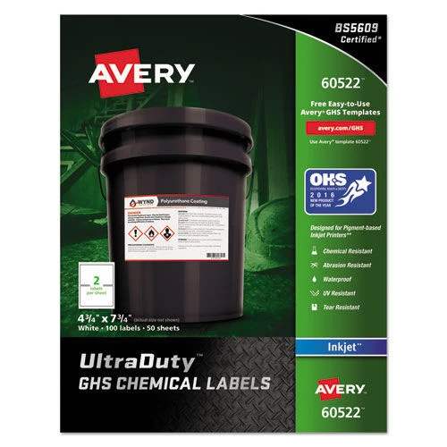 Avery 60522 UltraDuty GHS Chemical 4.75 In. X 7.75 In. Waterproof And UV Resistant Labels - White (2-Piece/Sheet 50-Sheets/Pack) 1 Avery 60522 UltraDuty GHS Chemical 4.75 In. X 7.75 In. Waterproof And UV Resistant Labels - White (2-Piece/Sheet 50-Sheets/Pack)
