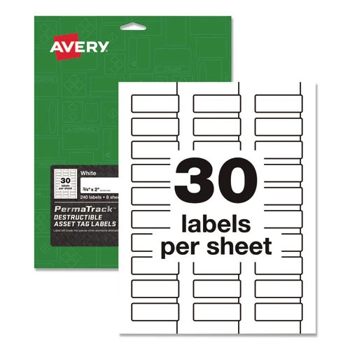 Avery 60531 PermaTrack 0.75 In. X 2 In. Laser Printers Destructible Asset Tag Labels - White (30/Sheet 8 Sheets/Pack) 1 Avery 60531 PermaTrack 0.75 In. X 2 In. Laser Printers Destructible Asset Tag Labels - White (30/Sheet 8 Sheets/Pack)