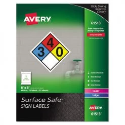 Avery 61513 Surface Safe Inkjet/Laser Printer 8 In. X 8 In. Removable Label Safety Signs - White (15-Piece/Pack)
