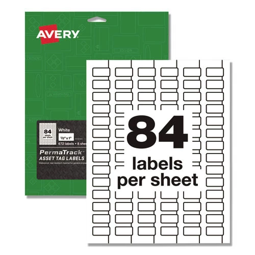 Avery 61527 PermaTrack 0.5 In. X 1 In. Durable Asset Tag Labels - White (8 Sheets/Pack 84/Sheet) 1 Avery 61527 PermaTrack 0.5 In. X 1 In. Durable Asset Tag Labels - White (8 Sheets/Pack 84/Sheet)