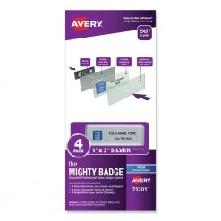 Avery Online Shop 4 Avery 71201 The Mighty Badge 1 In. X 3 In. Inkjet Printable Inserts Reusable Professional Name Badge System - Silver (4/Pack)