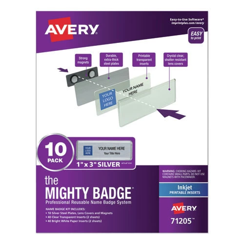 Avery 71205 The Mighty Badge 1 In. X 3 In. Magnetic Name Badge Holder Kit - Silver/Clear (10/Pack) 1 Avery 71205 The Mighty Badge 1 In. X 3 In. Magnetic Name Badge Holder Kit - Silver/Clear (10/Pack)