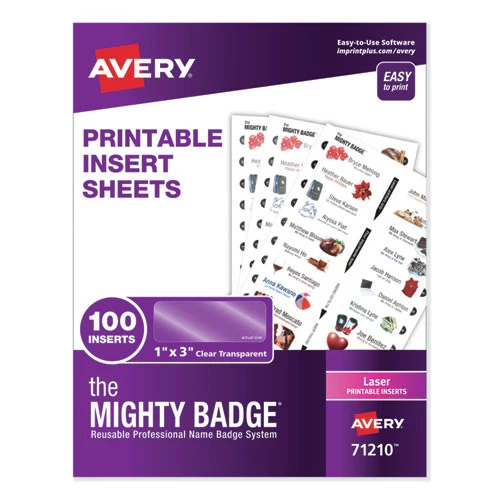 Avery 71210 1 In. X 3 In. The Mighty Badge Name Inserts - Clear (5 Sheets/Pack, 20/Sheet) 1 Avery 71210 1 In. X 3 In. The Mighty Badge Name Inserts - Clear (5 Sheets/Pack, 20/Sheet)