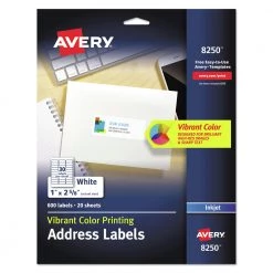 Avery 08250 1 In. X 2-5/8 In. Vibrant Inkjet Color-Print Labels With Sure Feed - Matte White (600-Piece/Pack)
