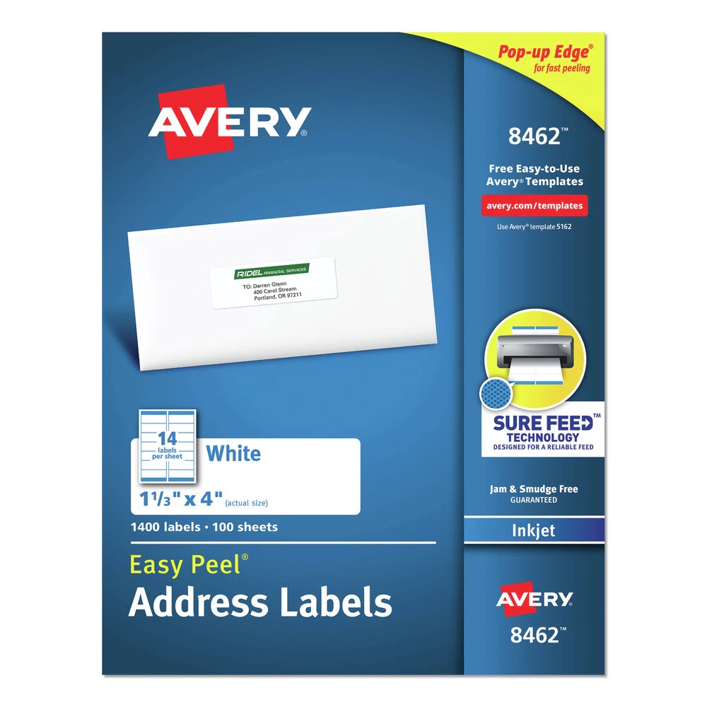 Avery 08462 Easy Peel 1-1/3 In. X 4 In. Address Labels - White (14-Piece/Sheet, 100 Sheets/Box) 1 Avery 08462 Easy Peel 1-1/3 In. X 4 In. Address Labels - White (14-Piece/Sheet, 100 Sheets/Box)
