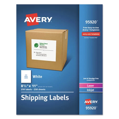 Avery 95920 8.5 In. X 11 In. Shipping Labels Bulk Packs For Inkjet/Laser Printers - White (250-Piece/Box) 1 Avery 95920 8.5 In. X 11 In. Shipping Labels Bulk Packs For Inkjet/Laser Printers - White (250-Piece/Box)