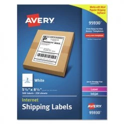 Avery 95930 5.5 In. X 8.5 In. Shipping Labels Bulk Packs For Inkjet/Laser Printers - White (2-Piece/Sheet 250 Sheets/Box)
